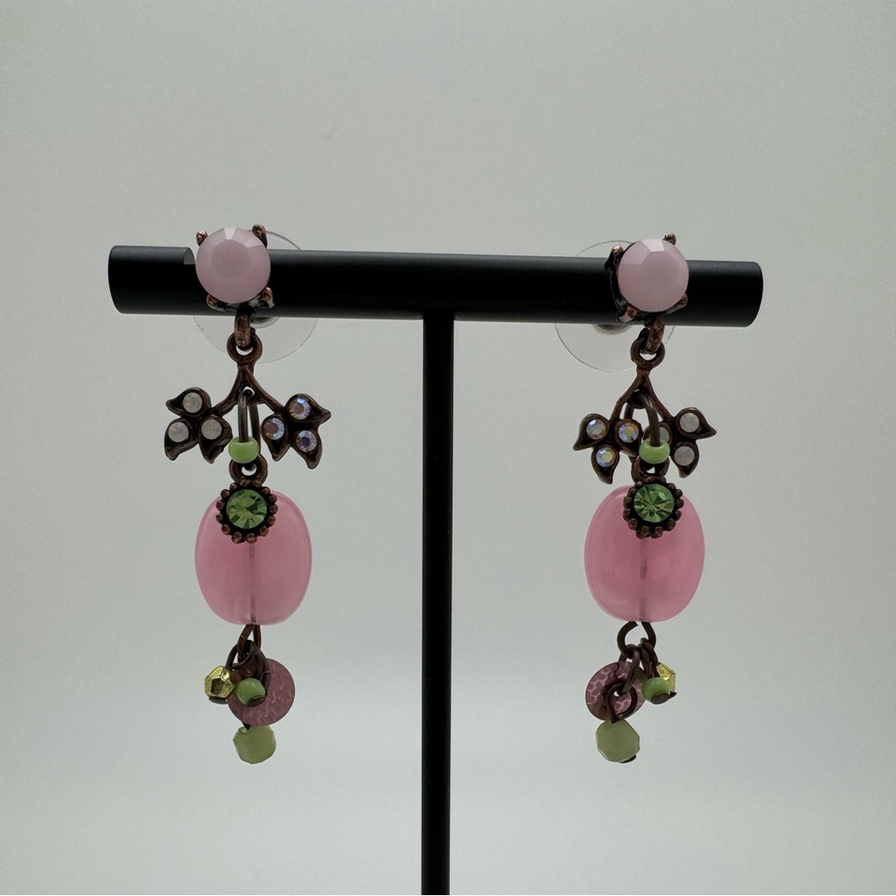 Anthropologie Pink Floral Crystal Drop Earrings Mint Green Statement - Picture 3 of 10